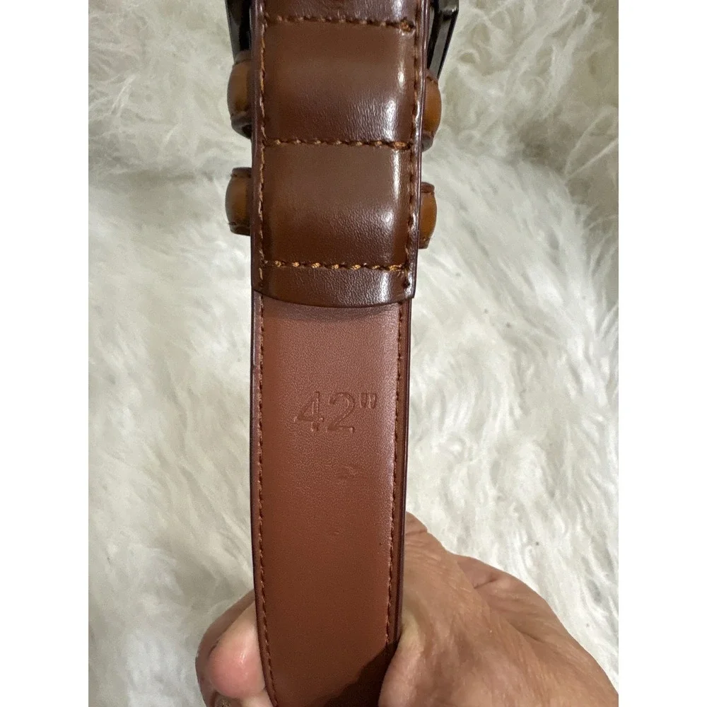 Mens Brown Leather Dress Belt 42 Gunmetal Buckle Tonal Stitching Classic